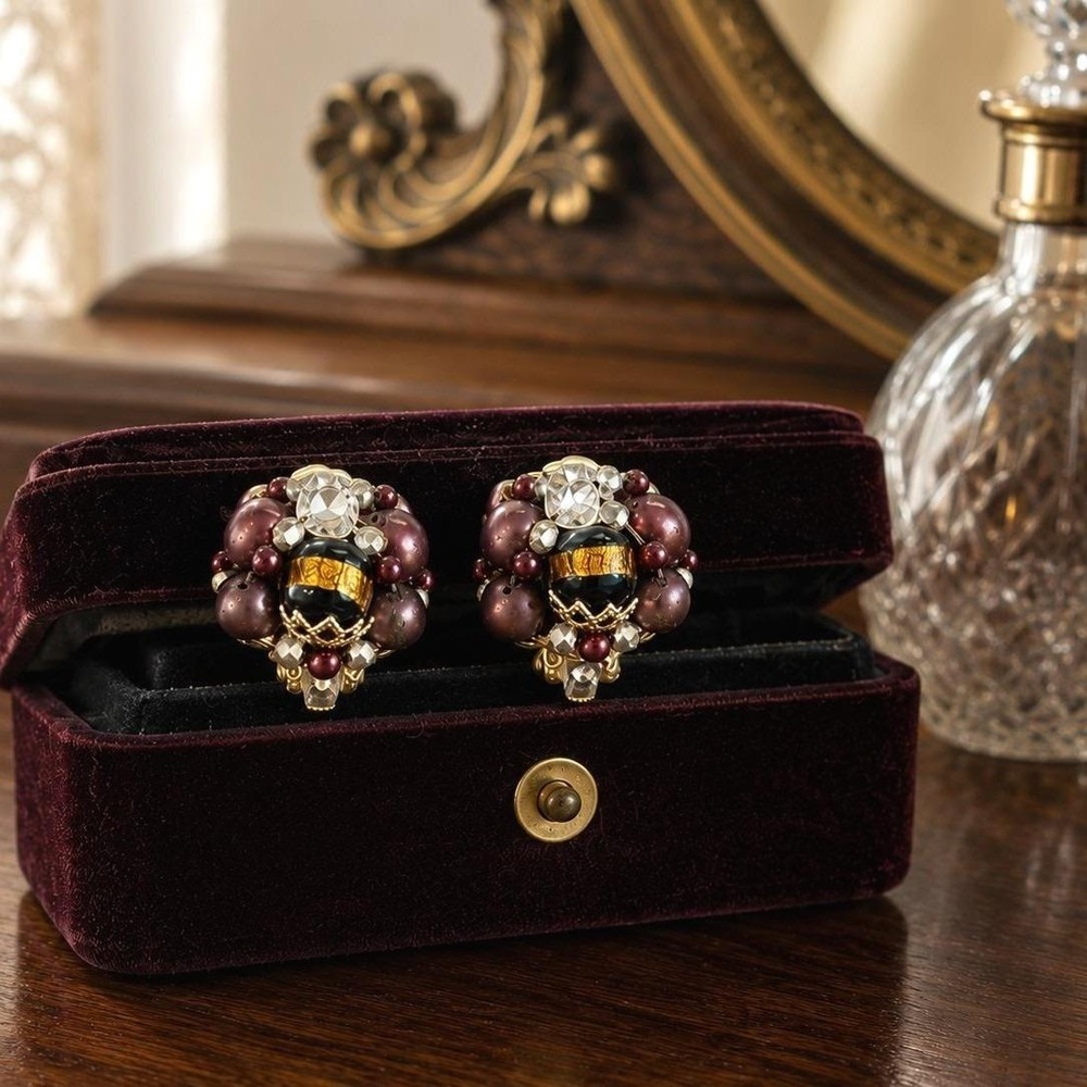 Vintage Japan Cluster Clip Earrings - Burgundy Pearl Art Glass Crystal Bead